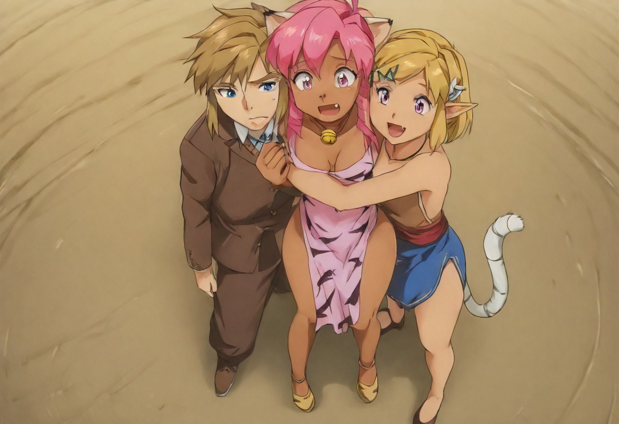 1boy, 2girks, Pink_DragonPink, 1girl, sleeveless dress, white tiger print dress, pelvic curtain, cleavage, cat ears, cat bell necklace, bright pink hair, tanned, white tiger tail, red sash, small breasts, leather shoes, masterpiece, very aesthetic, <lora:pink-illustrious:1>, open mouth smile, single fang showing, 
Break
1boy,Anime screencap,link (zelda),blonde hair,blue eyes,pointy ears, low ponytail, sidelocks, blue hyilian tunic,
Break
natsuki, pink hair, short hair, hair ornament, two side up, hairclip, pink eyes, x hair ornament, small breasts, blazer, brown sweater, collared shirt, neck ribbon, blue skirt
Break
Outdoor medieval festival, hylian flags being flown, sunny day, FFM76hug, sandwiched, hug, standing, natsuki and pink hug link, view straight on, low angle