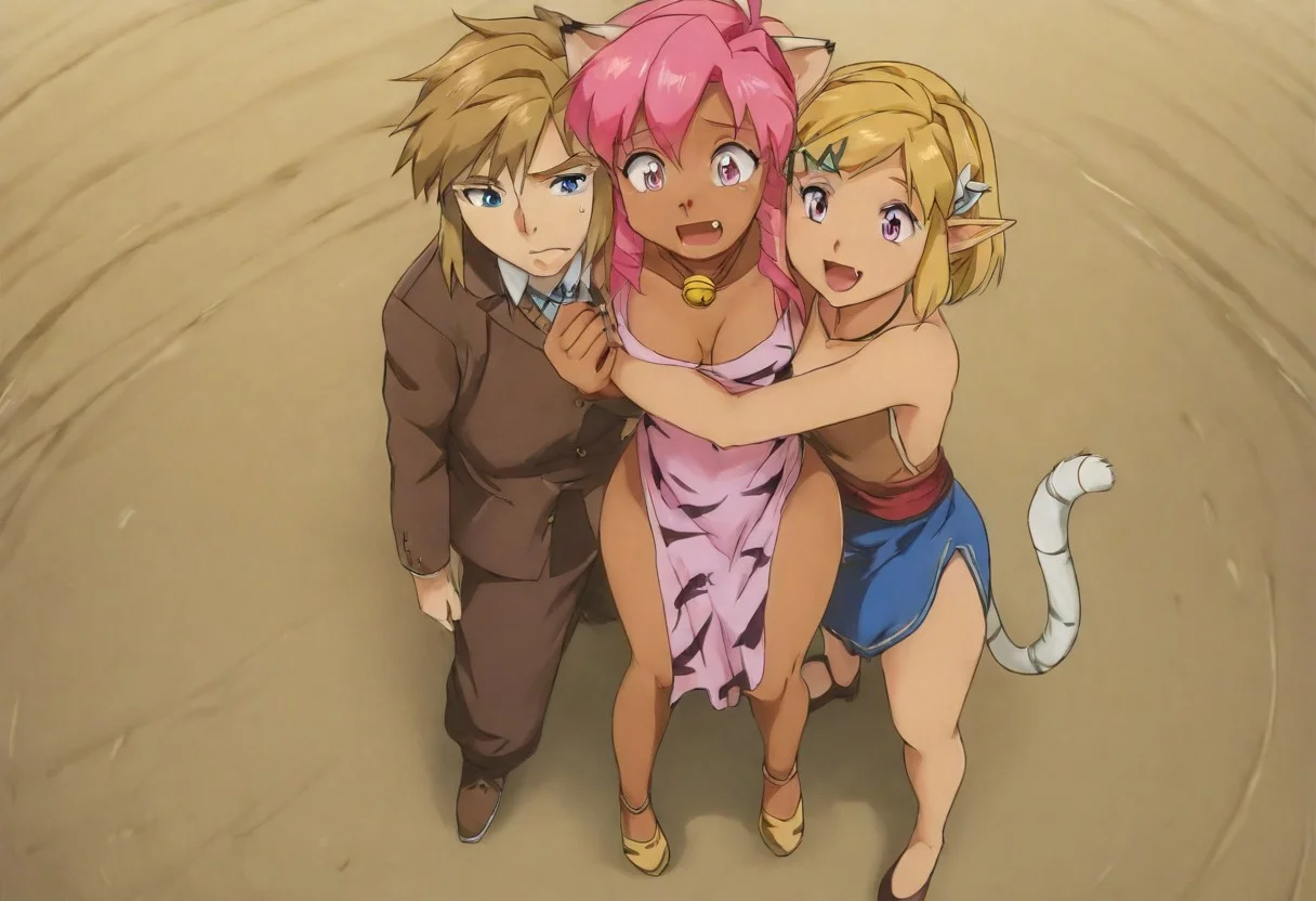 1boy, 2girks, Pink_DragonPink, 1girl, sleeveless dress, white tiger print dress, pelvic curtain, cleavage, cat ears, cat bell necklace, bright pink hair, tanned, white tiger tail, red sash, small breasts, leather shoes, masterpiece, very aesthetic, <lora:pink-illustrious:1>, open mouth smile, single fang showing, 
Break
1boy,Anime screencap,link (zelda),blonde hair,blue eyes,pointy ears, low ponytail, sidelocks, blue hyilian tunic,
Break
natsuki, pink hair, short hair, hair ornament, two side up, hairclip, pink eyes, x hair ornament, small breasts, blazer, brown sweater, collared shirt, neck ribbon, blue skirt
Break
Outdoor medieval festival, hylian flags being flown, sunny day, FFM76hug, sandwiched, hug, standing, natsuki and pink hug link, view straight on, low angle
