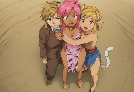 1boy, 2girks, Pink_DragonPink, 1girl, sleeveless dress, white tiger print dress, pelvic curtain, cleavage, cat ears, cat bell necklace, bright pink hair, tanned, white tiger tail, red sash, small breasts, leather shoes, masterpiece, very aesthetic, <lora:pink-illustrious:1>, open mouth smile, single fang showing,
Break
1boy,Anime screencap,link (zelda),blonde hair,blue eyes,pointy ears, low ponytail, sidelocks, blue hyilian tunic,
Break
natsuki, pink hair, short hair, hair ornament, two side up, hairclip, pink eyes, x hair ornament, small breasts, blazer, brown sweater, collared shirt, neck ribbon, blue skirt
Break
Outdoor medieval festival, hylian flags being flown, sunny day, FFM76hug, sandwiched, hug, standing, natsuki and pink hug link, view straight on, low angle
