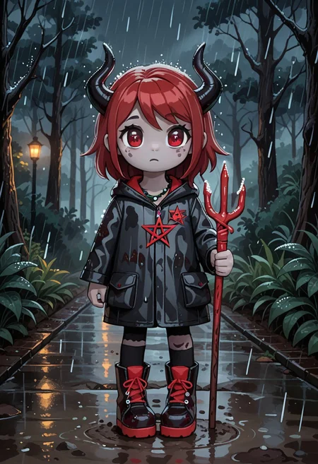 score_9, score_8_up, score_7_up, BREAK
highres, highly detailed, high resolution, high quality,
source_anime, anime screencap, saturation, vivid colors,
1girl, solo, luce, full body, standing, demon girl,
(dark red hair:1.2), (big dark red eyes:1.1), medium hair, cute, (grey skin:1.1), (horns:1.2),
(long black raincoat:1.1), dirty black rubber boots,
pentagram necklace, holding red trident,
cute, bokeh,
blurry background, forest background, path, rain,
stkyswt