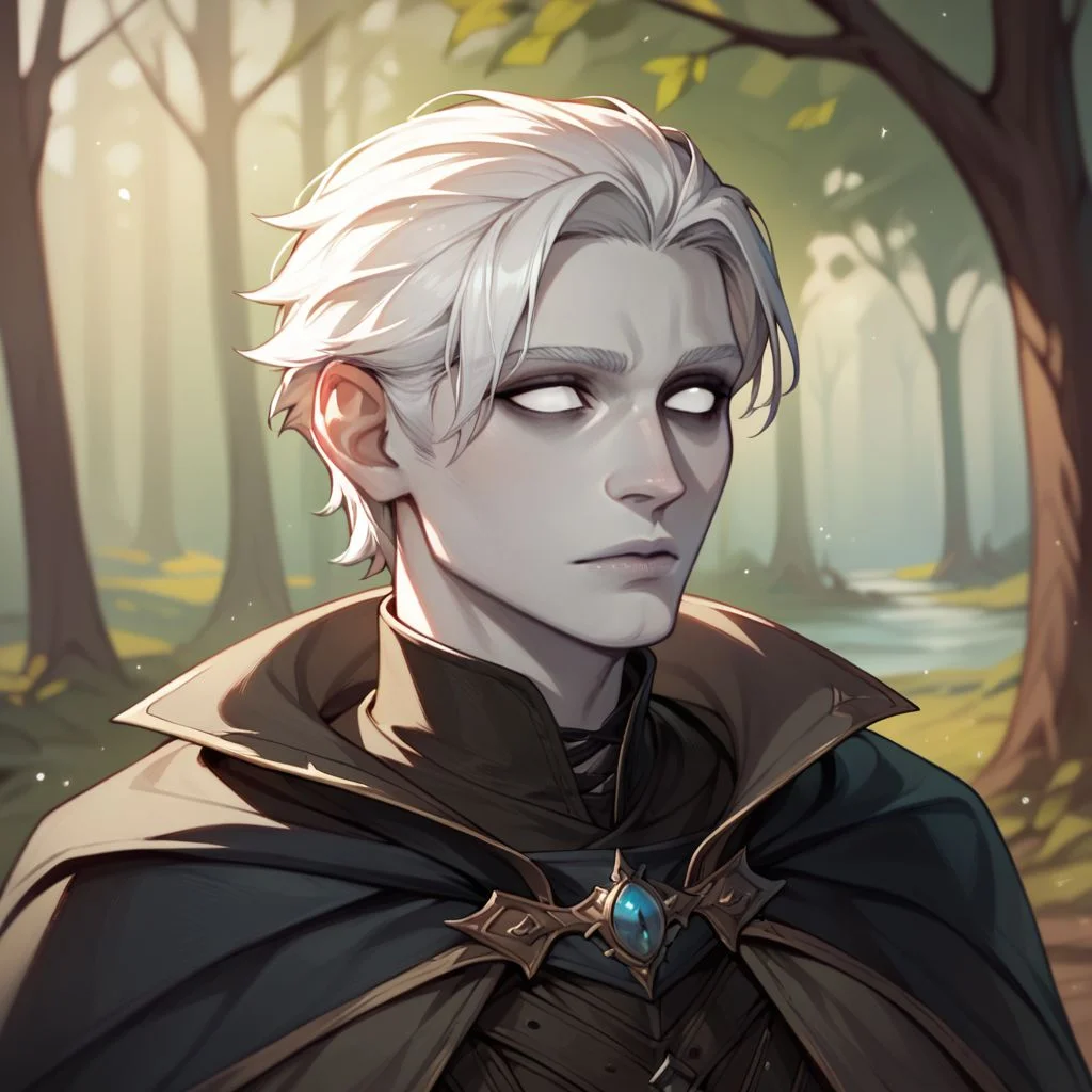(((beautiful, high quality))), upper body, score_9, score_8_up, score_7_up, solo,
Changeling, gray skin, white eyes, white hair, dark eyelids, 1boy, cape,
Outdoor, fantasy background, nature, blurred background,