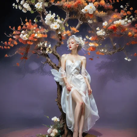 <lora:add-detail-xl:1.0>, 1girl, solo, flower, branch, barefoot, white hair, dress, red lips, tree, closed eyes <lora:LangV1:0.7>, <lora:RuanV1:0.6>,