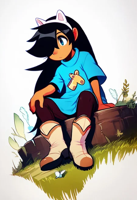 score_9, score_8_up, score_7_up, score_6_up, best quality, source_cartoon, front_view, wide_angle, by 0r0ch1, maney_cotc, black hair, long hair, fake animal ears, shirt, hair over one eye, boots, sitting, look a butterfly
