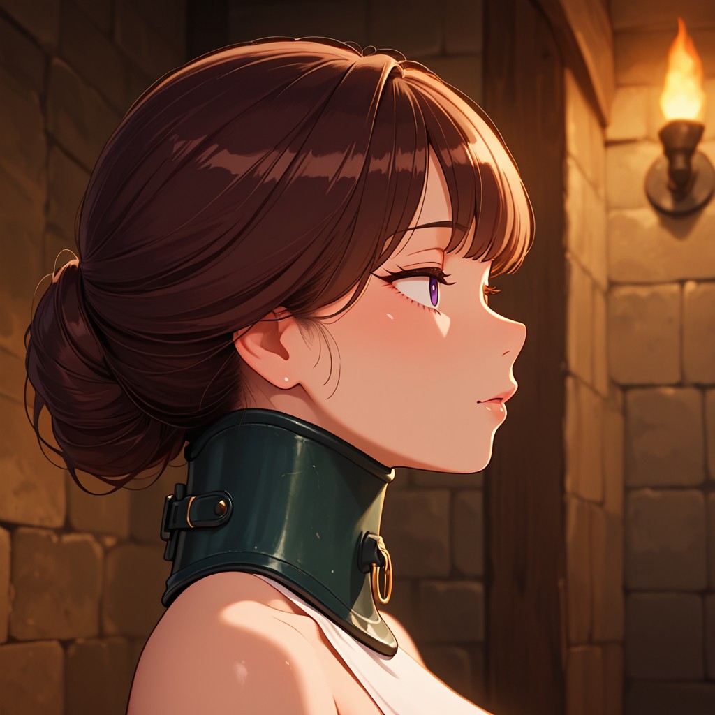 masterpiece, best quality, amazing quality, 1girl, 40 yo brunette MILF, submissive, posture collar, bare shoulders, seen from side, medieval dungeon <lora:Posture Collar_epoch_12:1>