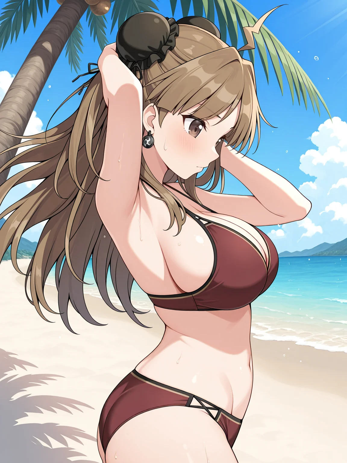 masterpiece, best quality, amazing quality
(solo:1.4), Renka_IL, brown eyes, long brown hair, ahoge, double bun, bun cover, hair ribbon, large breasts, Renka earrings, BREAK, Renka_Swim, brown bikini, brown bra, brown panties
beach, from side, sideboob, armpit, palm, sand
<lora:Renka_IL:1>