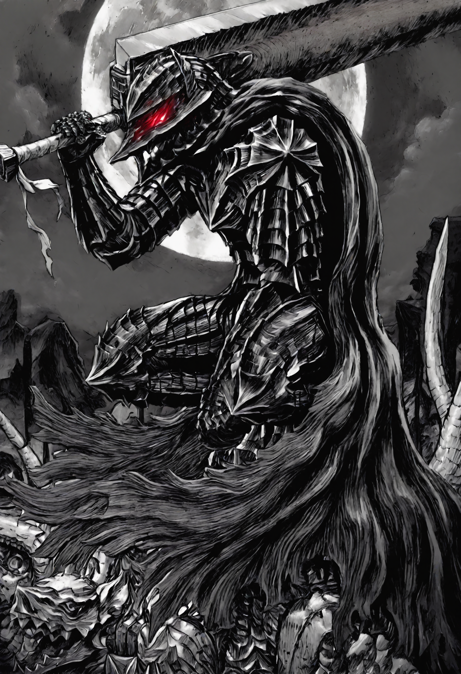 kentaro_miura_style, XUER guangying, monochrome, greyscale,,,guts \(berserk\), berserk armor, solo, 1boy, red eyes, holding, weapon, sky, cloud, sword, holding weapon, armor, night, glowing, holding sword, moon, helmet, night sky, glowing eyes, full moon, monster, over shoulder, huge weapon, weapon over shoulder, knight, full armor, moonlight, greatsword, sword over shoulder, berserk armor, dragon slayer, cape, helmet, from side, wide shot,masterpiece, best quality, newest, absurdres, highres, very awa, detail pupil, detail background <lora:None:1.0> <lora:ä¸æµ¦å¥å¤ªé-Kentaro_Miura_(Berserk)_style_illustriousXL:0.8500000000000002> <lora:DNFé£æ ¼-Dungeon_&_Fighter_style_(DNF_style&DFO_style)_Style-Noob:0.5000000000000001> <lora:åæ¶æå¾åå½±è´¨æå¢å¼ºV3-Xu_Er_thick_paint_composition_light_texture_enhancement:0.20000000000000004> <lora:æ ¼æ¯-Guts-Berserker_Armor:0.8000000000000002>