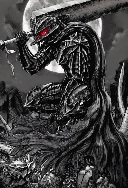 kentaro_miura_style, XUER guangying, monochrome, greyscale,,,guts \(berserk\), berserk armor, solo, 1boy, red eyes, holding, weapon, sky, cloud, sword, holding weapon, armor, night, glowing, holding sword, moon, helmet, night sky, glowing eyes, full moon, monster, over shoulder, huge weapon, weapon over shoulder, knight, full armor, moonlight, greatsword, sword over shoulder, berserk armor, dragon slayer, cape, helmet, from side, wide shot,masterpiece, best quality, newest, absurdres, highres, very awa, detail pupil, detail background <lora:None:1.0> <lora:䏿µ¦å¥å¤ªé-Kentaro_Miura_(Berserk)_style_illustriousXL:0.8500000000000002> <lora:DNF飿 ¼-Dungeon_&_Fighter_style_(DNF_style&DFO_style)_Style-Noob:0.5000000000000001> <lora:åæ¶æå¾å
影质æå¢å¼ºV3-Xu_Er_thick_paint_composition_light_texture_enhancement:0.20000000000000004> <lora:æ ¼æ¯-Guts-Berserker_Armor:0.8000000000000002>