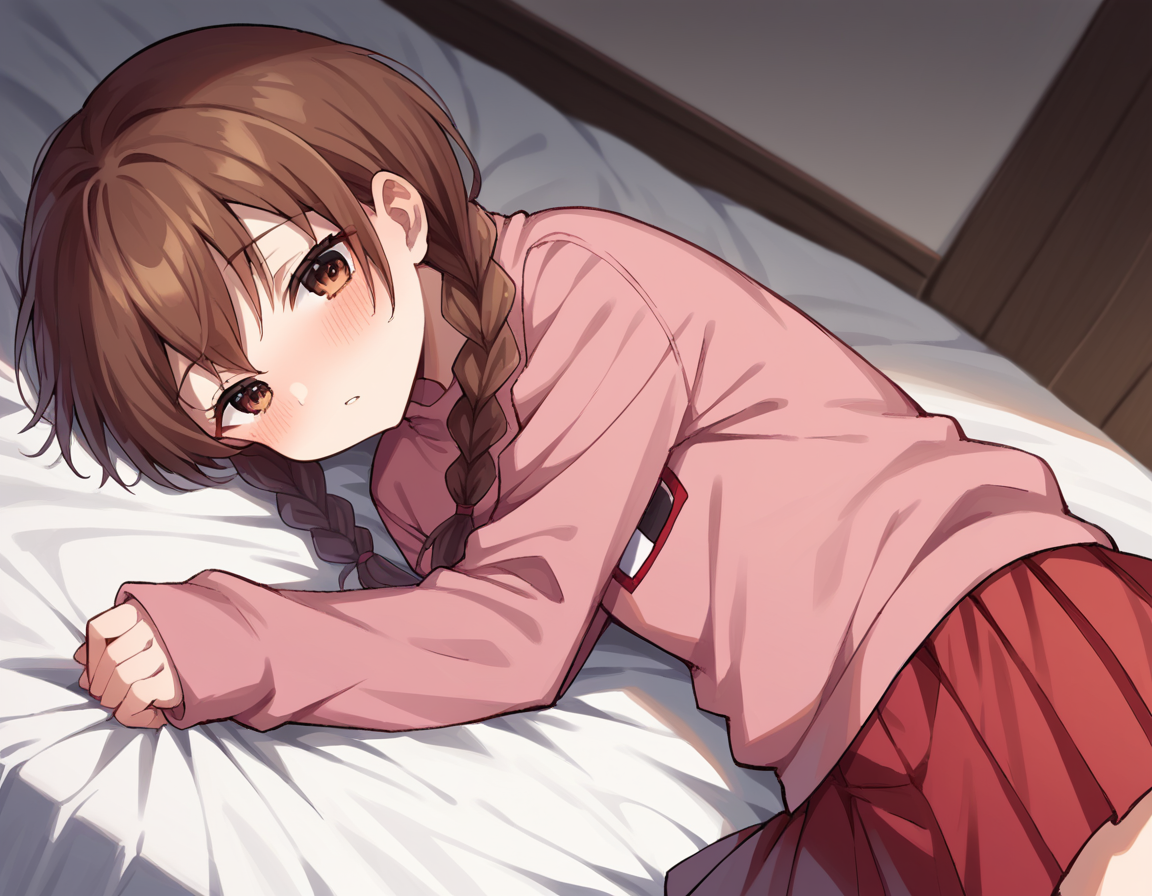 score_9, score_8_up, score_7_up, source_anime,
madotsuki, <lora:madotsuki-ponyxl-lora-nochekaiser:1>,
madotsuki, braid, hair over shoulder, long hair, twin braids, twintails, brown hair, brown eyes,
long sleeves, pink sweater, pleated skirt, red skirt, skirt, sleeves past wrists, sweater,
indoors, bed, bed room, on side, blush, drunk,
solo, dutch angle, looking at viewer, cowboy shot,