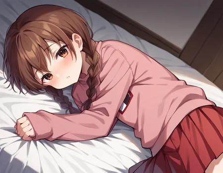 score_9, score_8_up, score_7_up, source_anime,
madotsuki, <lora:madotsuki-ponyxl-lora-nochekaiser:1>,
madotsuki, braid, hair over shoulder, long hair, twin braids, twintails, brown hair, brown eyes,
long sleeves, pink sweater, pleated skirt, red skirt, skirt, sleeves past wrists, sweater,
indoors, bed, bed room, on side, blush, drunk,
solo, dutch angle, looking at viewer, cowboy shot,
