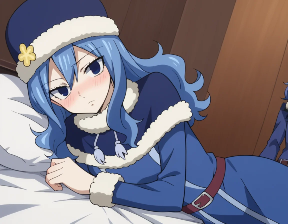 score_9, score_8_up, score_7_up, source_anime,
juvialockser, <lora:juvia-lockser-s7-ponyxl-lora-nochekaiser:1>,
juvia lockser, long hair, blue eyes, blue hair, wavy hair, hair between eyes,
hat, dress, belt, fur trim, fur hat, capelet, blue dress, long sleeves,
indoors, bed, bed room, on side, blush, drunk,
looking at viewer, cowboy shot, dutch angle,