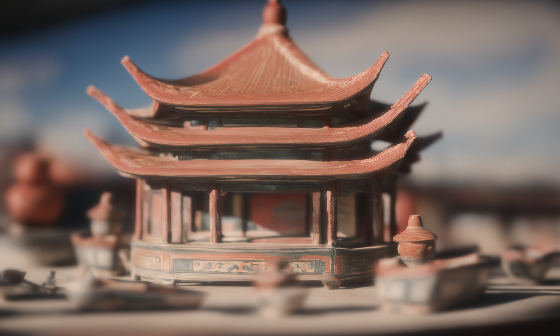 <lora:paintedpotterycd_xl-000004:0.9>,a painted pottery handmade sculpture toy of Chinese architecture is placed on the table,paintedpotterycd_xl,miniature,tilt-shift,indoors,no humans,east asian architecture,cutie,cute,fine art,(Unbelievable Digital Artwork:1.3),CGSociety,ArtStation,master works, 8K, HDR, UHD, masterpiece, best quality, highly detailed, high resolution, finely detail, extremely detailed, ultra detailed, wallpaper