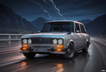 masterpiece, best quality, Graphic Design, color art, vibrant colors, colorful, intricate details, high contrast, detailed background, beautiful detailed, beautiful face, detailed eyes, detailed face, new, newest, no humans, vehicle focus, zh1g4, car, road, mountain, white car, neon, drifting, smoking tires, anime, motion lines, speed effect, turned wheels, driving, dark, night, headlights,