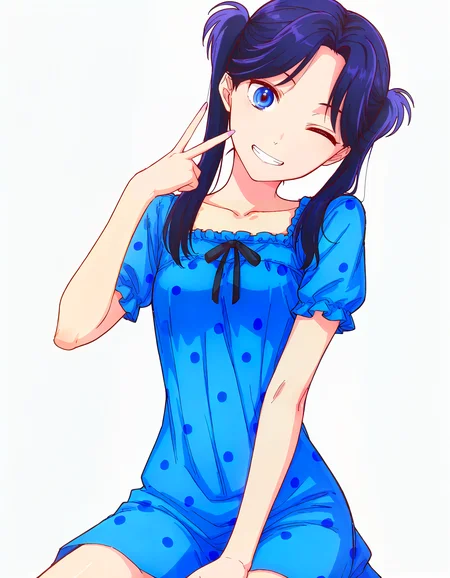 (masterpiece, best quality, newest, very aesthetic, highres, absurdres:1.2), simple background, white background, <lora:kawakamiRokkakuXLil1lokrV6311P:0.5>, <lora:Pongdlr:0.5> pongdstyle BREAK
1girl, solo, <lora:Amaye_Moriya:1> Ayame, blue eyes, twintails, blue hair, bangs, long hair, Polka dot tea-length dress, sitting, head tilt, cowboy shot, looking at viewer, v, small breasts, hand up, one eye closed, grin, BREAK
<lora:noobai_vpred_1_masterpieces_v23:0.85>