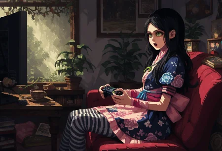 1girl, solo, young woman, AMRSD, green eyes, upper body shot, nephritis horseshoe pendant, long hair, black hair, pink dress bow, floral yukata, inside modern living room, sitting on sofa, holding gamepad, exited, striped pantyhose, playing videogame, exciting gasp, indoor, <lora:AliceSilkMaidenPonyV1:0.9>, <lora:d3p1x3lXLP:0.8> d3p1x3l, pixel art, score_9, score_8_up, score_7_up,