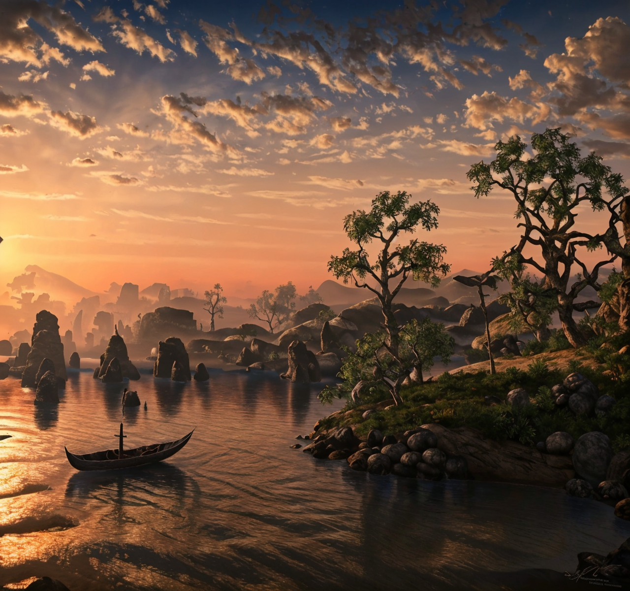 RAW photo, (masterpiece:1.3), subsurface scattering, heavy shadow, (high quality:1.4), (intricate, high detail:1.2), professional photography, HDR, High Dynamic Range, realistic, ultra realistic, photorealistic, high resolution, film photography, ambient lighting, atmospheric effects, <lora:detail_slider_v4:2>, OverallDetail,  <lora:Morrowind:1>, boat, cloud, cloudy sky, morrowind, mushroom, no humans, outdoors, rock, scenery, sky, sunset, tree, water, watercraft,  epiCPhoto