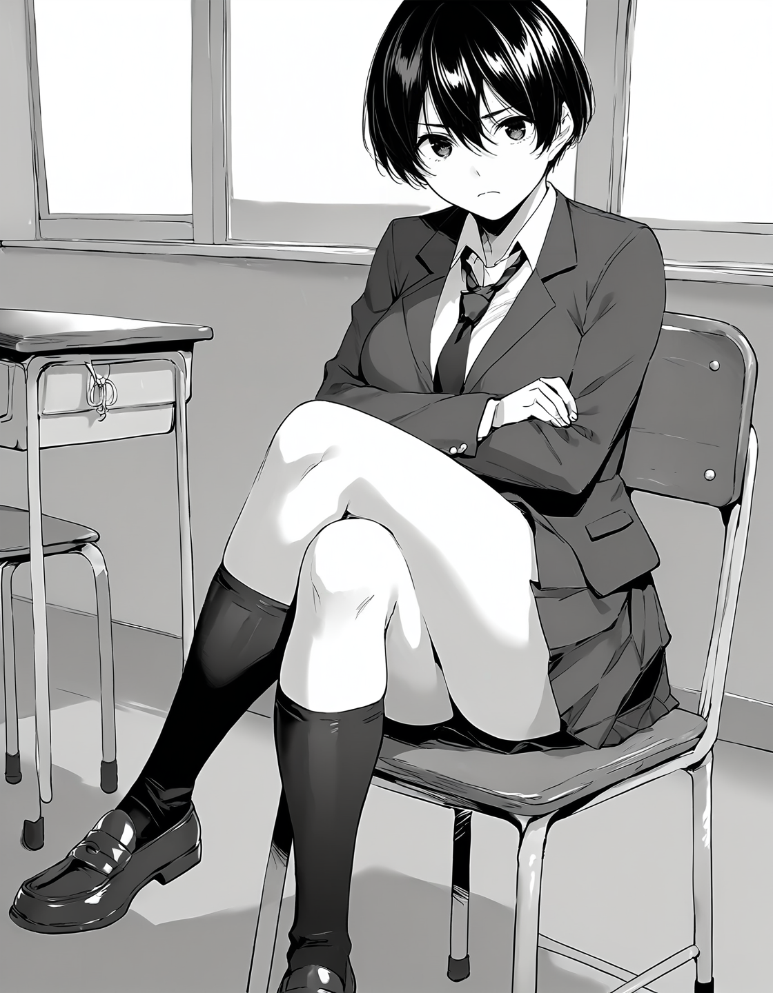score_9, score_8_up, score_7_up, score_6_up, score_5_up, score_4_up, <lora:AoiY_T1V0:0.85>, <lora:sdxl_lightning_8step_lora:1>,
greyscale, monochrome, 1girl, solo, 
AoiY_T1V0, short hair, hair between eyes, large breasts, 
school uniform, blazer, collared shirt, loose necktie, pleated skirt, 
black socks, loafers, 
sitting, on chair, crossed legs, crossed arms, 
looking at viewer, light frown, closed mouth, 
indoors, classroom, school chair,