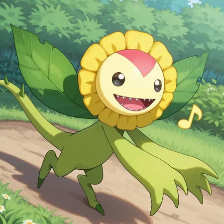 2d, solo, Sunflowmon, Digimon (creature), flora fauna, flower creature, no sclera, black eyes, simple eyes, bipedal, flower head, yellow petals on head, green body, tail, tail spikes, leaf wings, single fang,
BREAK outside, sunflowers, grass, running through garden, open mouth smile, sharp teeth, happy, musical note
BREAK best quality, amazing quality, very aesthetic, absurdres, newest, masterpiece, high quality