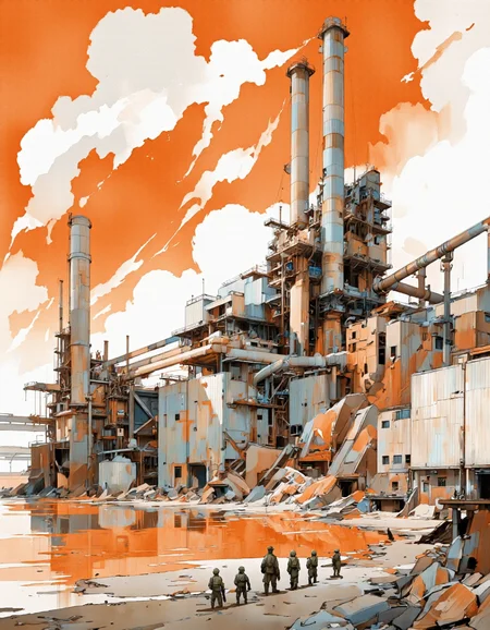 Ablatamahota style. A digital illustration shoot from the side about a futuristic industrial building with tall cylindrical structures and smoke stacks against an orange and white abstract background. the image also shows a large industrial plant with multiple chimneys and pipes, surrounded by a vast expanse of water reflecting the warm colors of the sky. on the right side of the image, a group of soldiers wearing helmets and carrying rifles stands guard, observing the scene unfold. the soldiers are positioned on the shore, with one soldier in the foreground and the others in the background. they appear to be soldiers of different ages and genders, standing in a line, facing the same direction. the scene is set against the backdrop of the industrial plant, which is composed of tall, rectangular structures with a mix of grey and orange hues, and is surrounded by piles of rubble and debris. the sky is filled with fluffy white clouds, adding a sense of movement and energy to the scene. the overall effect is one of a bustling industrial environment, with the workers standing guard at attention, taking in the sights and sounds of the factory.