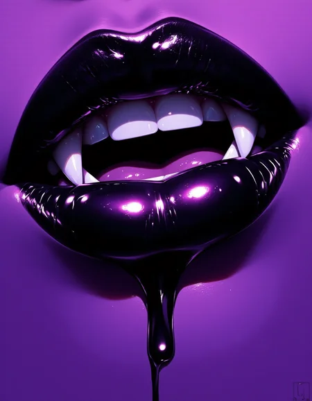 Close-up of an open mouth with sharp fangs, dripping with dark, glossy liquid, set against a striking purple background. The aesthetic is a blend of neo-noir and graphic illustration, emphasizing vibrant colors and strong contrasts. The lips are painted in a deep, shiny black, reflecting light, while the fangs glisten menacingly. The overall scene is bathed in purple hues, creating a surreal, otherworldly atmosphere. Shadows and highlights enhance the contours of the mouth, adding a sense of depth and intensity. The dripping liquid appears almost luminescent, reinforcing the eerie and seductive mood of the artwork. <lora:FluxF4ngs:0.8>