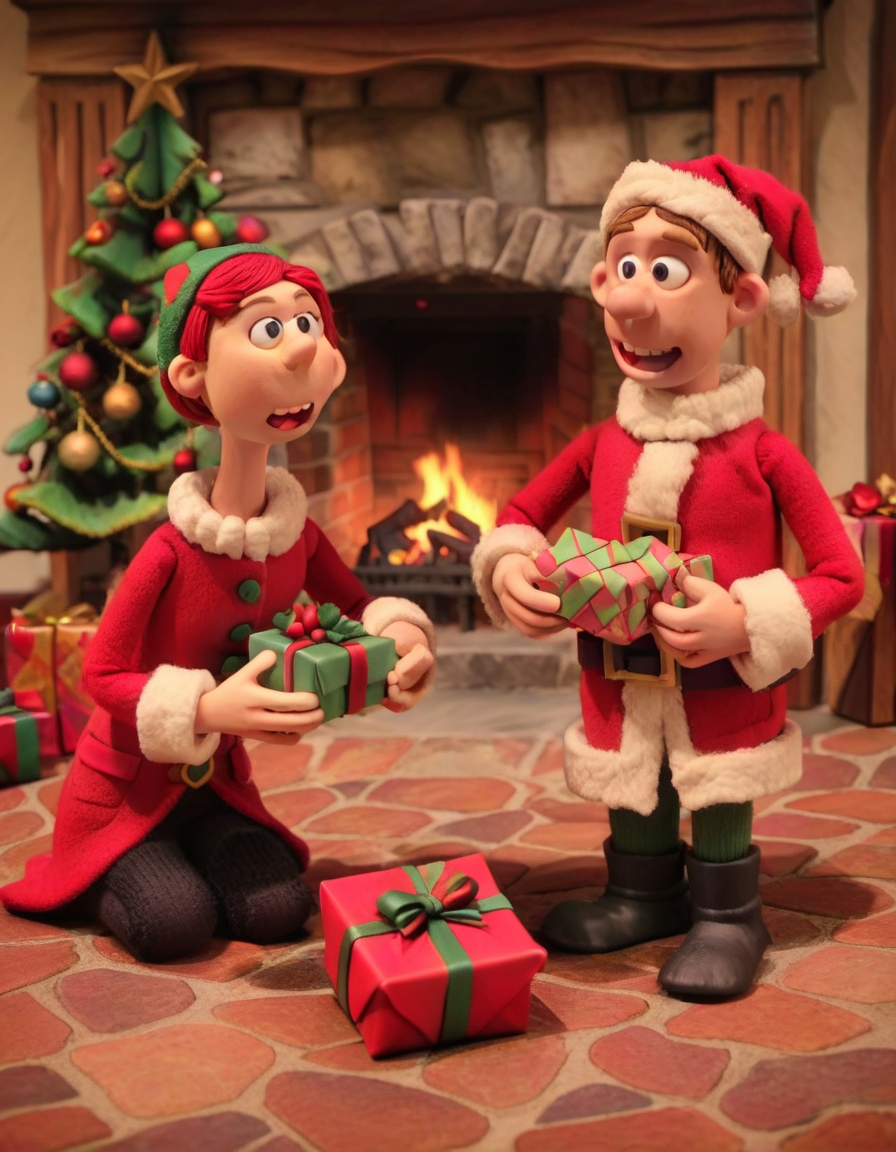 claymation, Exchanging Gifts, Present Unwrapping, Joyful Surprises, Stockings by the Fireplace, Sharing Love and Thoughtfulness. <lora:CLAYMATE_V2.03_:1>