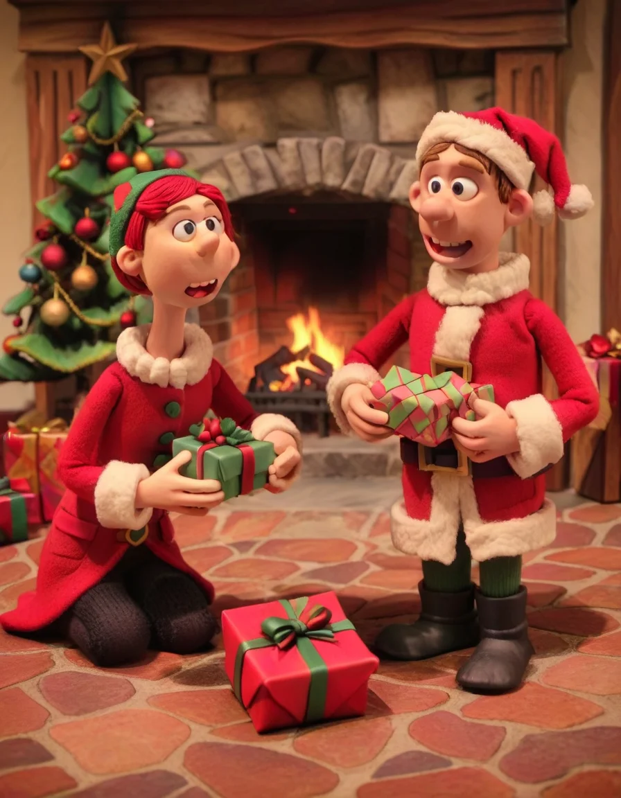 claymation, Exchanging Gifts, Present Unwrapping, Joyful Surprises, Stockings by the Fireplace, Sharing Love and Thoughtfulness. <lora:CLAYMATE_V2.03_:1>