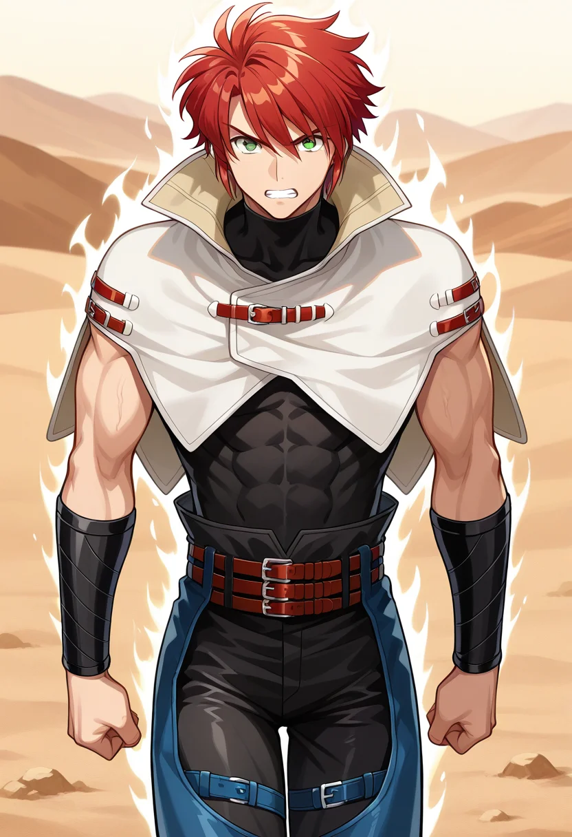 1boy, solo, forukashura, muscular, red hair, short hair, green eyes, capelet, high collar, bracer, sleeveless shirt, sleeveless, turtleneck, belt, pants, chaps, white aura, walking, outdoors, desert, cowboy shot, straight-on, looking at viewer, angry, teeth,