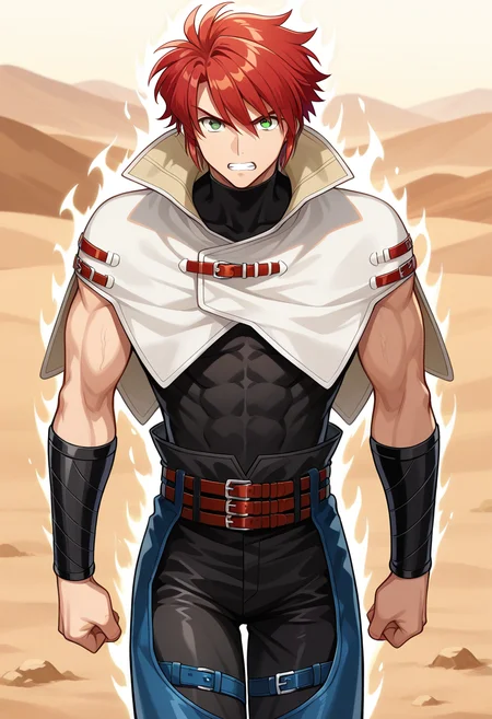 1boy, solo, forukashura, muscular, red hair, short hair, green eyes, capelet, high collar, bracer, sleeveless shirt, sleeveless, turtleneck, belt, pants, chaps, white aura, walking, outdoors, desert, cowboy shot, straight-on, looking at viewer, angry, teeth,