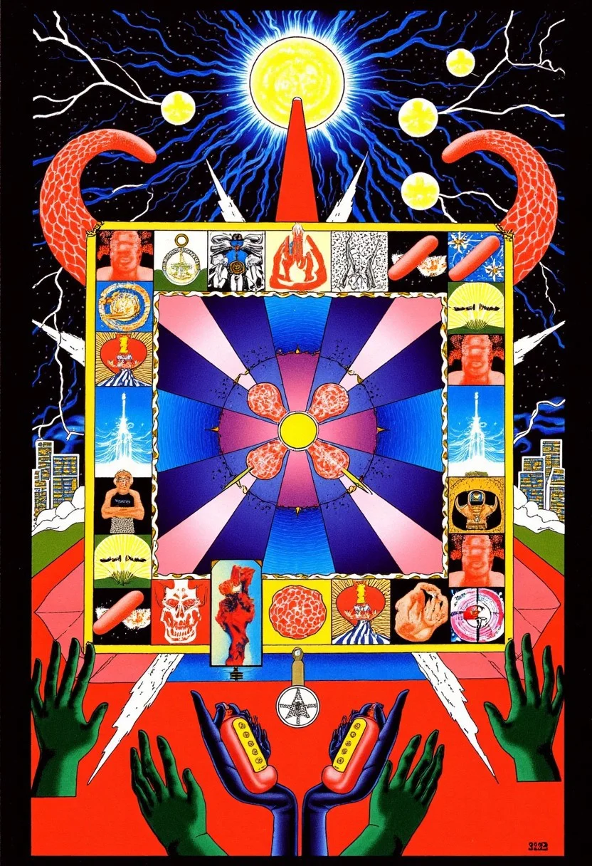 Slot machine graphics from front view . Disturbing scenes of addiction, people injecting drugs heroin, white powder, drinking alcohol smoking cigarettes. very strange surrealist style with holographic vortex featuring swirls of holotropic colour and glowing eyes wet distorted factory shot. On the television sets are glowing hands, with electricity coming off the finger tips. swirling around her head are holograms of glyphs chaos magick symbols. the room has thick electricity cables and smoke is coming off them. large wet glistening slices of wet soggy ham and hot dogs are floating in the air, dripping gooey sauce combining mustard and blood, there are multiple wet hotdogs floating. on the wall in the background are photos of nuclear explosions