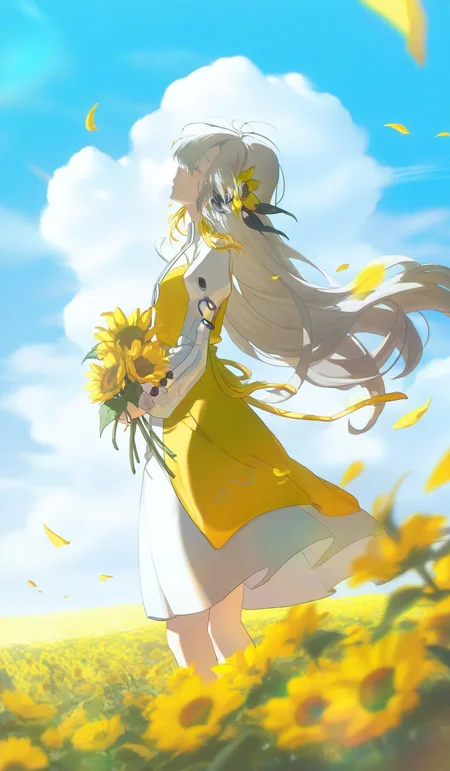 <lora:konya666 (5):1>,highres,absurdres,newest,very awa,masterpiece,best quality,year 2024,
\,
SenSen,1girl,flower,yellow flower,solo,isekai joucho,virtual youtuber,sky,long hair,hair ornament,dress,field,outdoors,holding flower,flower field,yellow dress,holding,petals,cloud,blue sky,hair flower,sunflower,white dress,day,floating hair,wind,falling petals,long sleeves,grey hair,multicolored hair,standing,closed eyes,from side,white hair,pants,looking up,holding bouquet,blurry foreground,headphones,ribbon,blurry,cloudy sky,profile,bouquet,
