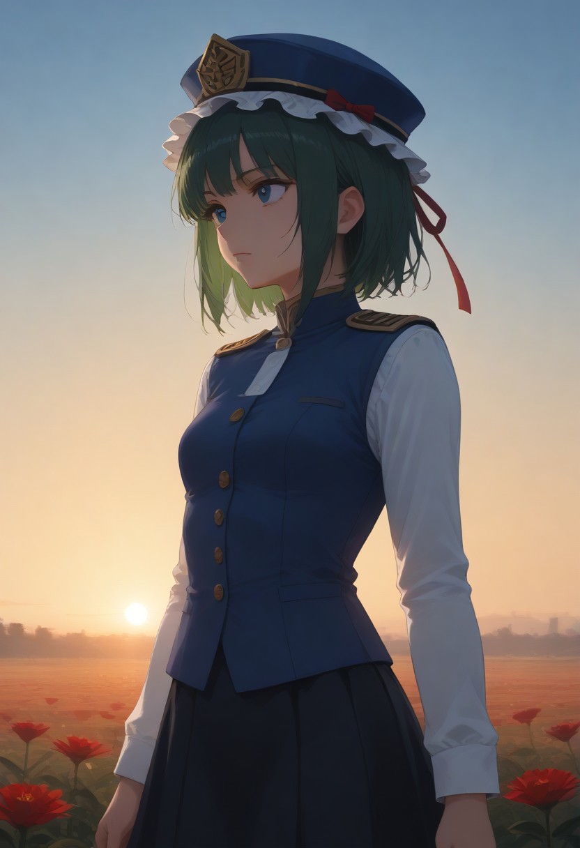 1girl, solo, solo focus, highres, absurdres, shikieiki, green hair, frilled hat, blue eyes, blue headwear, short hair,
long sleeves, black skirt, white shirt, blue vest, red ribbon, epaulettes, small breasts, 
looking afar,
dusk, flower field, red spider lily, gradient sky, backlighting,