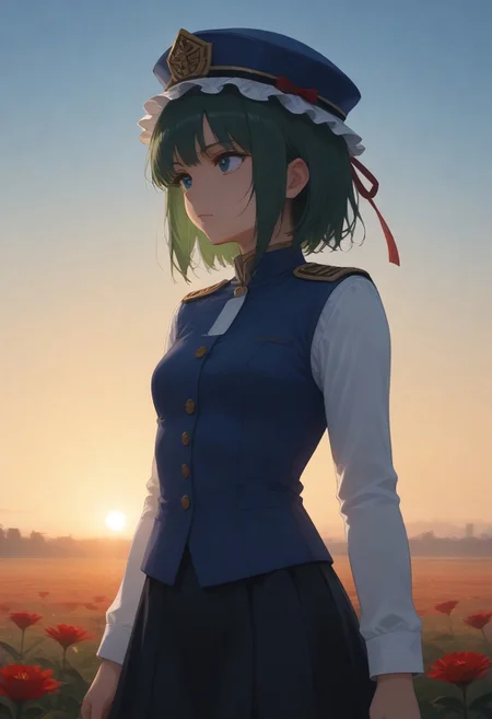 1girl, solo, solo focus, highres, absurdres, shikieiki, green hair, frilled hat, blue eyes, blue headwear, short hair,
long sleeves, black skirt, white shirt, blue vest, red ribbon, epaulettes, small breasts, 
looking afar,
dusk, flower field, red spider lily, gradient sky, backlighting,