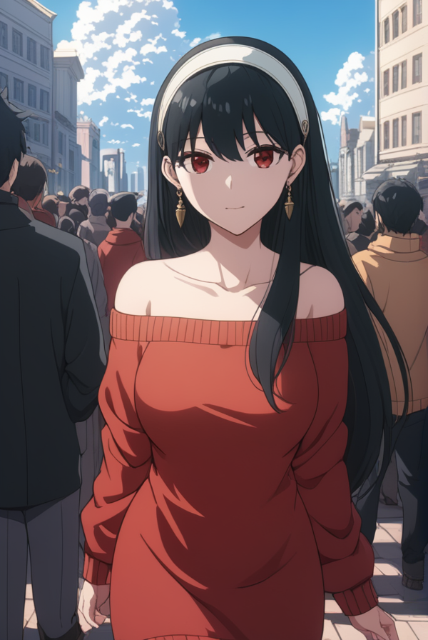 masterpiece, best quality, highres, 4k, 8k, intricate detail, cinematic lighting, amazing quality, amazing shading, soft lighting, Detailed Illustration, anime style,
yorbriar, <lora:yor-briar-s1s2-sdxl-lora-nochekaiser:0.75>,
yor briar, black hair, red eyes, earrings, white hairband, hairband, long hair, sidelocks,
bare shoulders, collarbone, dress, long sleeves, off shoulder, off-shoulder dress, off-shoulder sweater, pantyhose, red sweater, sweater, sweater dress, thighs,
outdoors, cityscape, crowd, people, sky, blue sky, clouds,
looking at viewer, full body, dynamic pose,