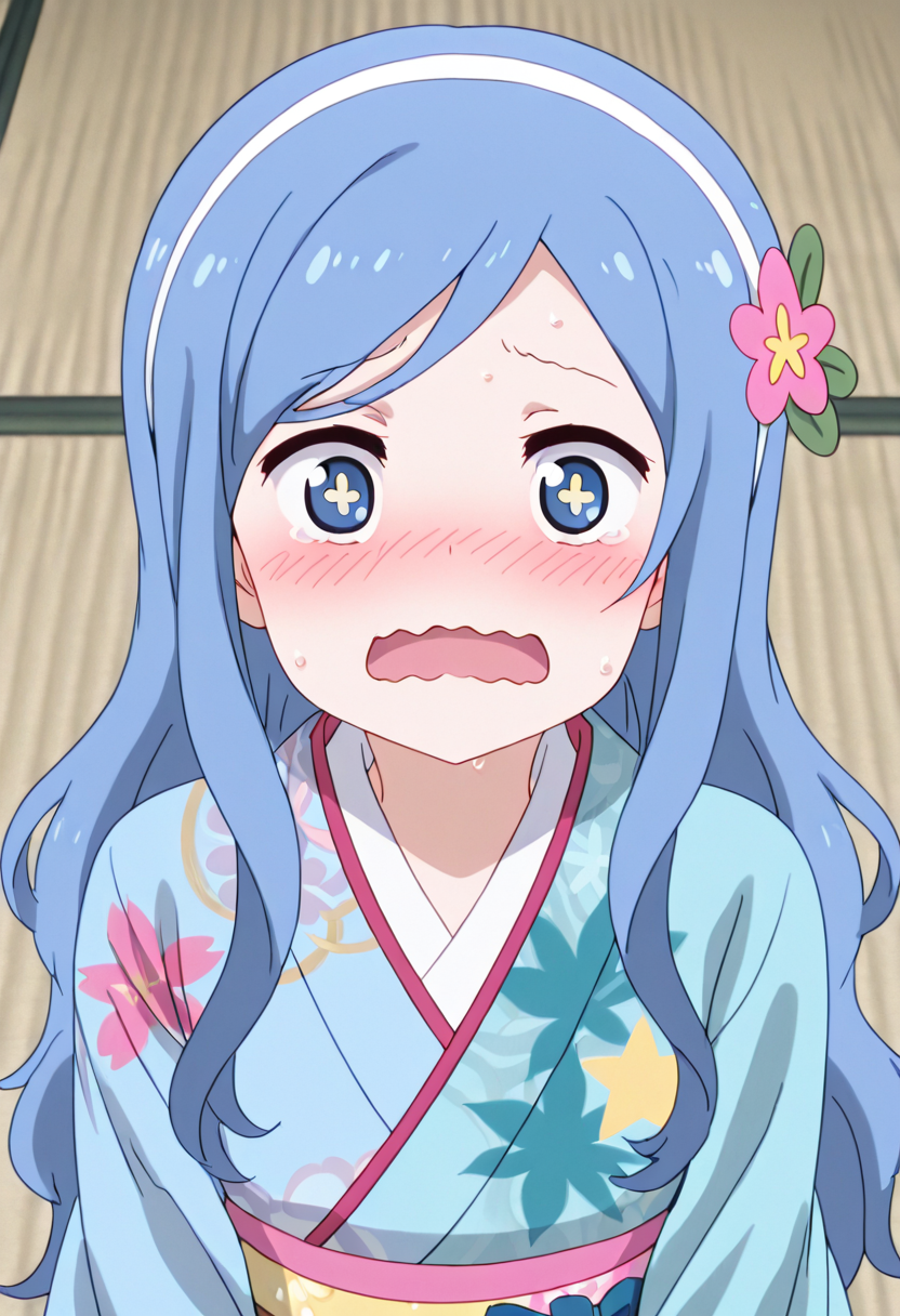 masterpiece, best quality, solo,   zzTachibana, looking at viewer, blush, open mouth, hair ornament, upper body, flower, hairband, japanese clothes, tears, hair flower, kimono, star (symbol), wavy mouth, star-shaped pupils  ,<lora:TachibanaSylphynford_IXL:1.0>,