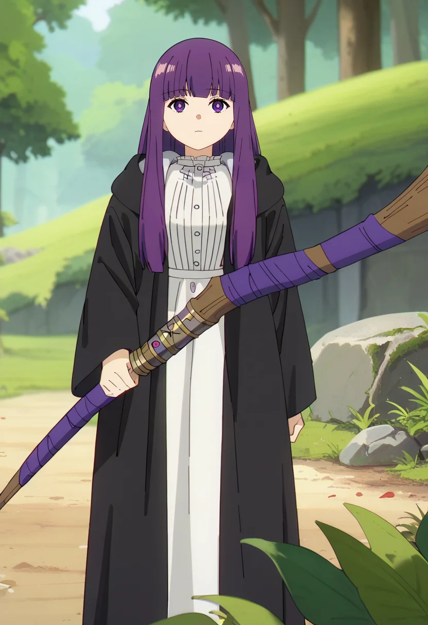 score_9, score_8_up, score_7_up,
<lora:SousouNoFrieren_FernXL:0.9>, FernSSnF,
1girl, solo, closed mouth,
purple hair, long hair, purple eyes, bright pupils, blunt bangs,
FernCasual,  white dress, black robe, open clothes, hood, frilled collar, holding staff,
standing, looking at the viewer,
fantasy, medieval, photo background, forest, tree, moss, stream, stone, leaf, maple tree, grass, nature, blurry background