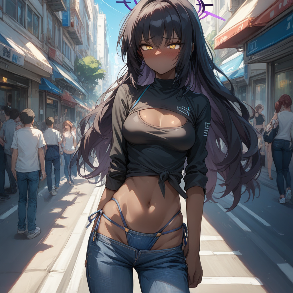 score_9, score_8_up, score_7_up, source_anime, expressive, anime, Artist speedlines, dynamic, 1woman, (Karin_(Blue Archive)), (dark-skinned_female:1.2), yellow eyes, meme_attire, (bikini_jeans:1.0), pants, panties, side-tie panties, highleg_bikini, clothing cutout, denim, lowleg_pants, denim_bikini,blush, blushing, embarrassed,  b3hindcurt4in, outdoors, urban, sunlight, light filtering,
