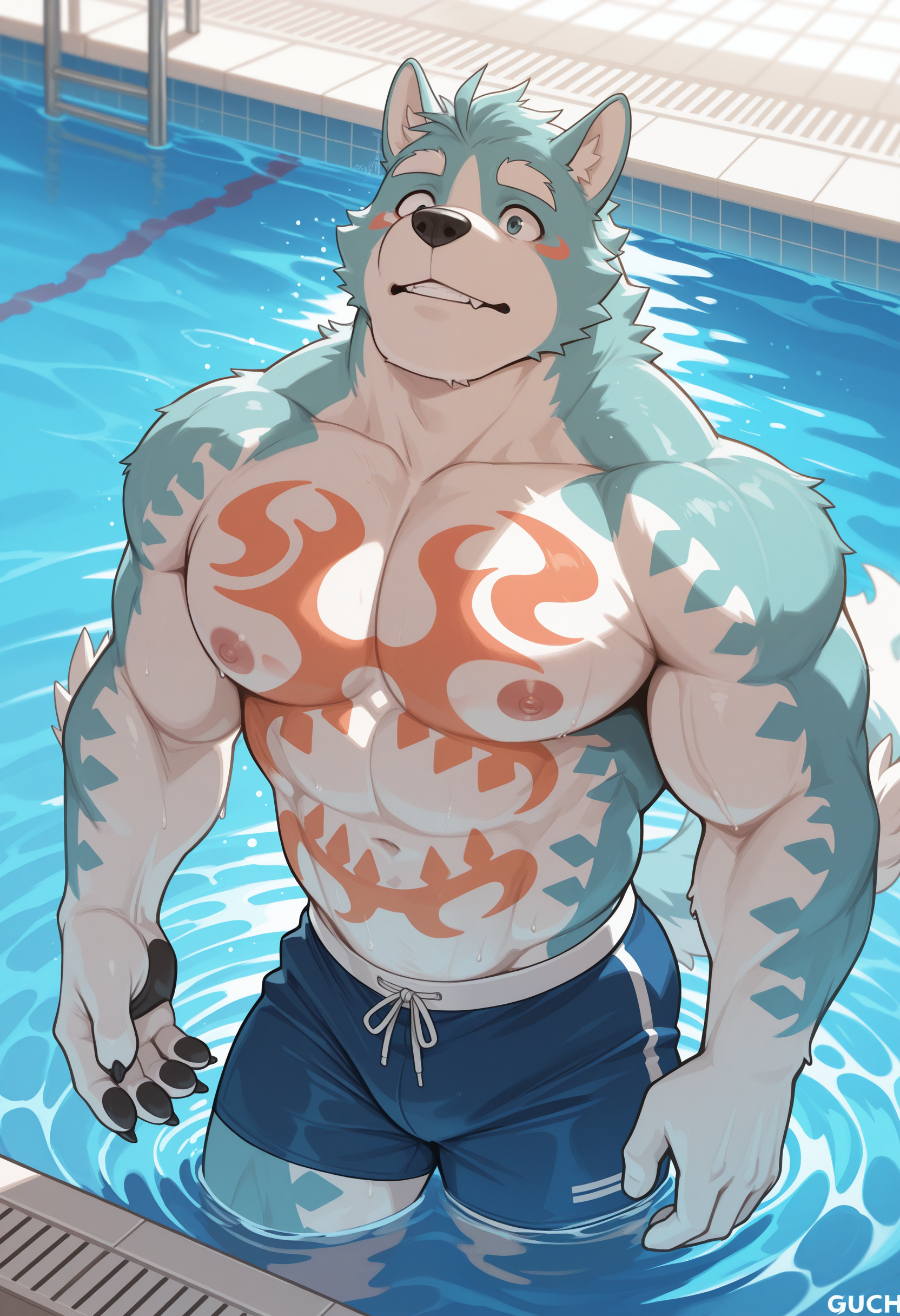 masterpiece,best quality, amazing quality, 1boy, solo, 0guch1, furry male, topless, chest tattoo, pool, blue swim trunks, in water, swimming,
 

