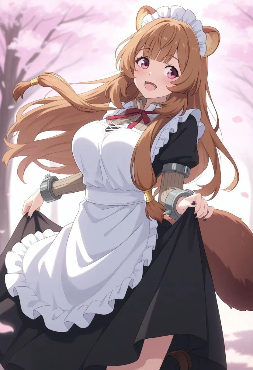 masterpiece, cute, lovely, (best quality:1.3), (amazing quality:1.3), very aesthetic, 1girl, (Kamuo_Style), anime screencap, raphtalia, raccoon ears, fluffy racoon tail, breasts, smiling, open eyes, big eyes, big breasts, blush, close mouth, happy, excited, cell shading BREAK, cherry blossoms background, leaning back, leaning to the side, fangs, smile, black nails, free pose, delicate skin texture, fair skin, delicate face, long eyelashes, pastels, bright tones, wind, light particles, light, bright tones, motion lines, extremely detailed, intricate, delicate details, movie lighting, very beautiful, absurd, dynamic graphics, dynamic angles, special movements, dynamic poses, action poses, dynamic movements, (Illustration: 1.2), (8K Wallpaper), (Beautiful, pretty eyes: 1.2), Delicate eyes, beautiful, soft colors, clear line, soft, pastel, colorful, posing, shadow, head tilted, looking away, standing, upper body , front view, maid uniform, black thighs, maid headwear, apron, loafer, contrapposto, medium long dress, shaded, back lights, lifted by self,
