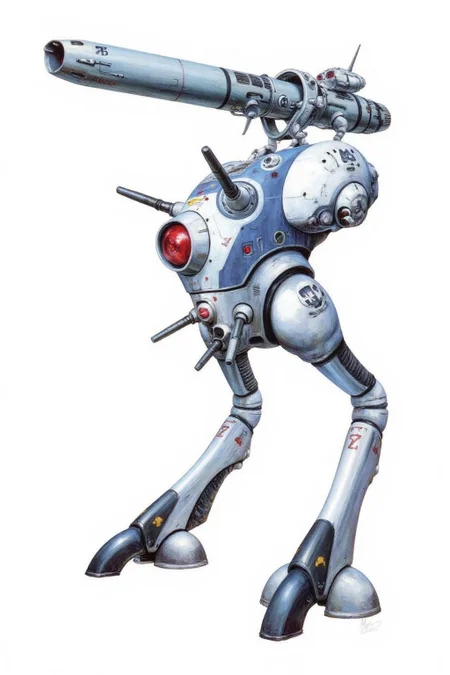 m9cha illustration.
A futuristic biped combat robot, rendered in a style reminiscent of high-quality concept art. The robot stands on two legs, each ending in articulated, mechanical feet The robot has two large antenna, one single red eye. It has a missile launcher on top of its head. <lora:macmecha1_cap_d6a3e11:1.0><lora:820698461625193966:0>