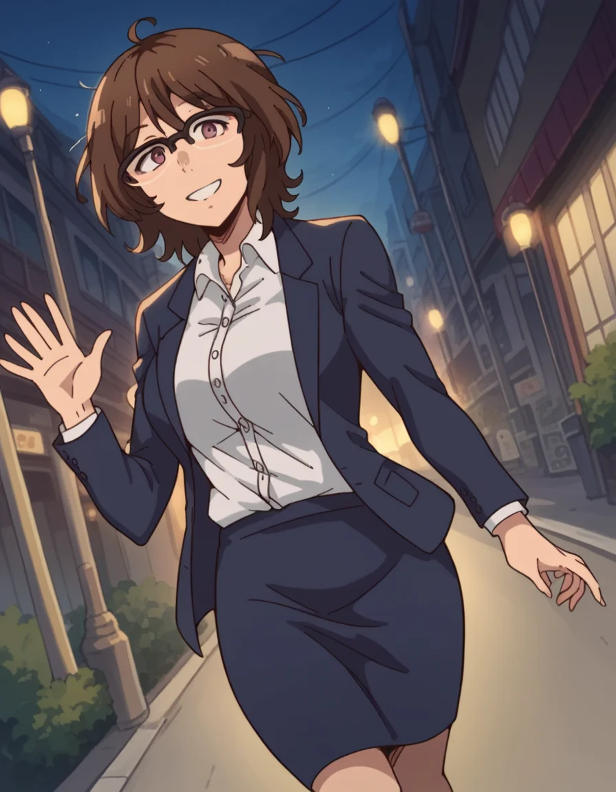 score_9, score_8_up, score_7_up, source_anime, <lora:owari-hajime-s2-ponyxl-lora-nochekaiser:1>, owari hajime, brown hair, brown eyes, glasses, over-rim eyewear, large breasts,, skirt, shirt, jacket, formal, suit, office lady,, city street, evening, streetlights, walking dog, quiet neighborhood, gentle breeze, smile, looking at viewer, hand waving, solo,, cowboy shot, dutch angle