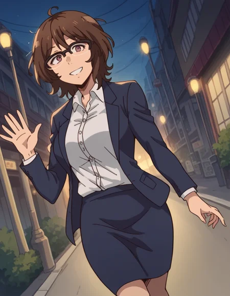 score_9, score_8_up, score_7_up, source_anime, <lora:owari-hajime-s2-ponyxl-lora-nochekaiser:1>, owari hajime, brown hair, brown eyes, glasses, over-rim eyewear, large breasts,, skirt, shirt, jacket, formal, suit, office lady,, city street, evening, streetlights, walking dog, quiet neighborhood, gentle breeze, smile, looking at viewer, hand waving, solo,, cowboy shot, dutch angle