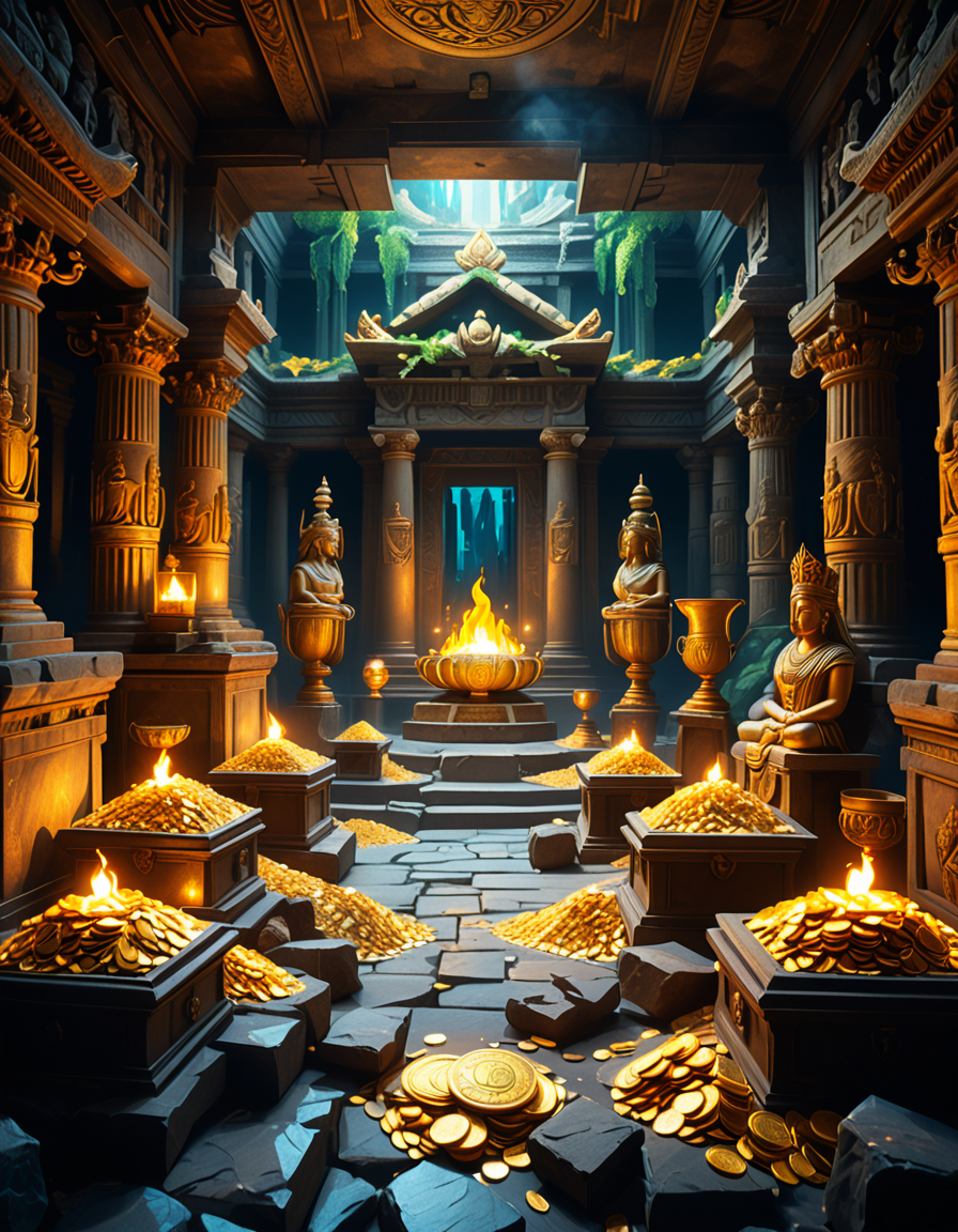 score_9, score_8_up, score_7_up,amazing quality, ultra realistic, 3D, HD, best quality, amazing quality, very aesthetic, absurdres
A hidden treasure chamber deep within an ancient temple, illuminated by the warm golden glow of torches and mystical blue light from enchanted crystals. The room is filled with piles of gold coins, jewel-encrusted goblets, and ancient artifacts covered in dust. Massive stone statues of forgotten deities guard the chamber, their eyes glowing faintly as if watching intruders. In the center, a grand pedestal holds a legendary artifactâan ornate golden crown encrusted with emeralds and sapphires, shimmering with an otherworldly aura. The walls are adorned with intricate carvings depicting lost civilizations, and creeping vines hint at centuries of abandonment. The atmosphere is mystical and slightly eerie, with a sense of both wonder and danger. The air is thick with the scent of aged parchment and burning incense, adding to the chamberâs ancient and mysterious feel. Cinematic lighting with dramatic shadows enhances the depth and richness of the scene, creating a visually stunning and immersive environment.
<lora:SDXLFaeTastic2400:0.4> <lora:extremely_detailed:0.4> extremely detailed,treasure ch4mb3r, <lora:treasure_ch4mb3r-p:1>