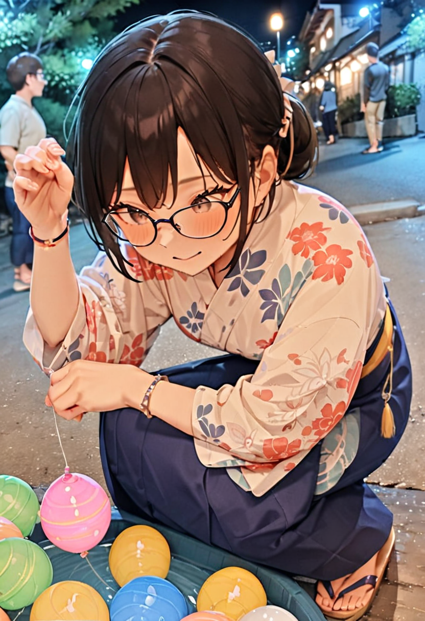 masterpiece, best quality, very aesthetic, absurdres,
mizufusen, 1girl, glasses, yukata, 1boy, night, squatting, outdoors, black hair, bracelet, long sleeves, floral print, water balloon fishing, night, summer, paper lantern, blurry background, 
 <lora:mizufusen_SDXL_V1:0.8>