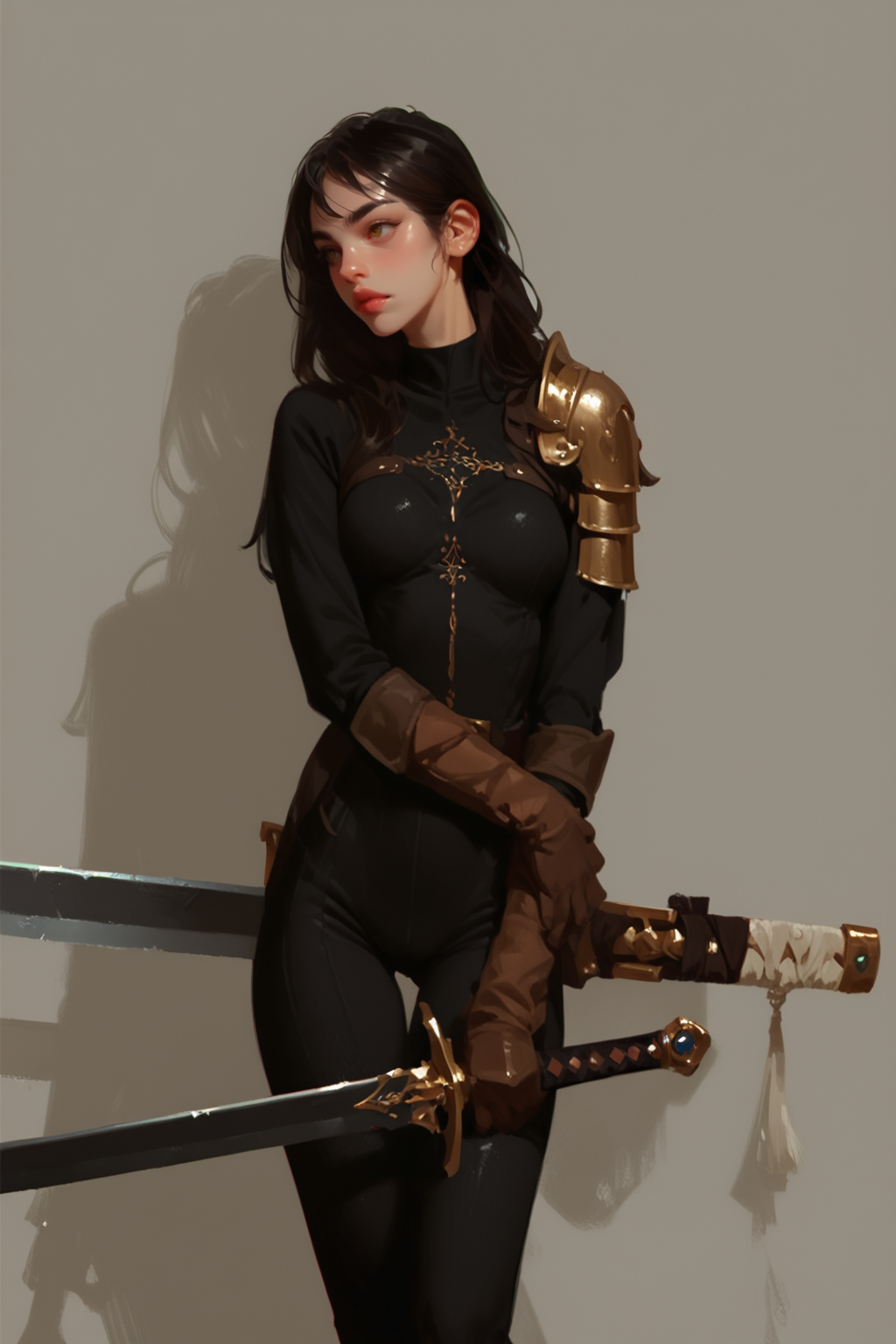 1girl, weapon, solo, sword, breasts, bodysuit, holding, holding weapon, armor, holding sword, black hair, gloves, medium breasts, shoulder armor, long hair, lips, pauldrons, , brown hair, standing, brown eyes, looking to the side, brown gloves, single pauldron, brown background, zPDXL3, detailxl,  Score_PnyReal, (lineless:1.5)