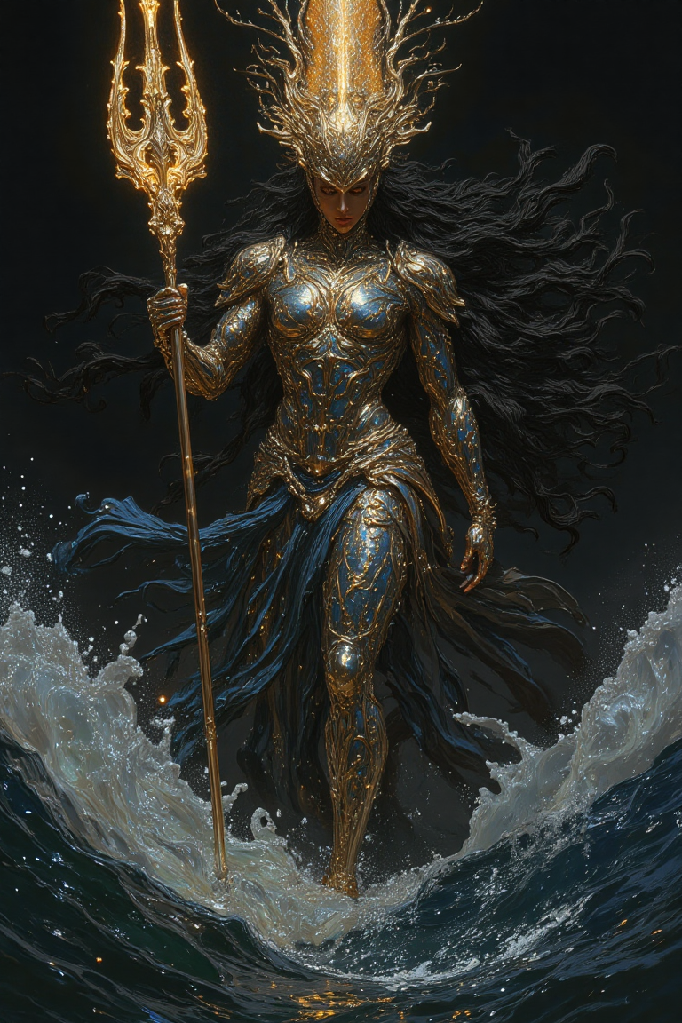 This is a hyper-realistic digital oil painting in HD, 8K quality, ultra-detailed, masterpiece artwork. A fierce, godlike woman radiates an intense oceanic aura, standing in a dynamic Yemaya-inspired pose, exuding divine strength and maternal energy. She holds a radiant golden trident, its sharp tips crackling with water energy, while the other hand gently cradles a luminous conch shell. Her dark, flowing hair mimics the movement of ocean waves, cascading around her shoulders. She wears a flowing blue gown that ripples like the sea itself, embroidered with silver fish scales. The background is a vast ocean, with crashing waves and a glowing horizon, emphasizing the goddess's dominion over the seas. Her presence exudes both the nurturing and fierce nature of the ocean.
