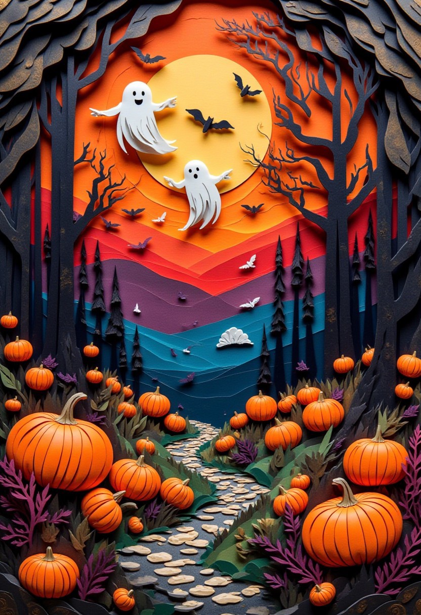 This paper quilling, layered paper piece features a cute ghost and a bat floating and dancing over large jack-o-lanterns in a moonlit forest, and musical notes swirling in the air, and an elegant, serene atmosphere highlighted by the soft glow of the moon. The color scheme is orange, red, black, purple, navy blue, dark green, and brown, with metallic gold highlights.