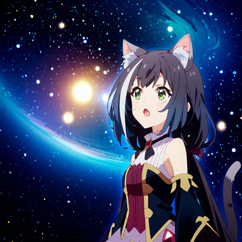 score_9,score_8_up,score_7_up,flat_color,official art,shiny skin,1girl,solo,karyl,1girl,solo,animal_ears,multicolored_hair,streaked_hair,cat_ears,animal_ear_fluff,cat_girl,white_shirt,long_hair,detached sleeves,looking at viewer,tail,cat tail,
space cat,space cat (meme),galaxy,meme,space,galaxy background,universe,nebula,star (sky),blank stare,looking up,open mouth,
upper_body,(from_side:1.1),<lora:Karyl_-_Princess_Connect_ReDive:1>,<lora:cfg_scale_boost:0.5>,<lora:space-cat-ponyxl-lora-nochekaiser:1>,HDA_ChibiStyleXL,zPDXL3,