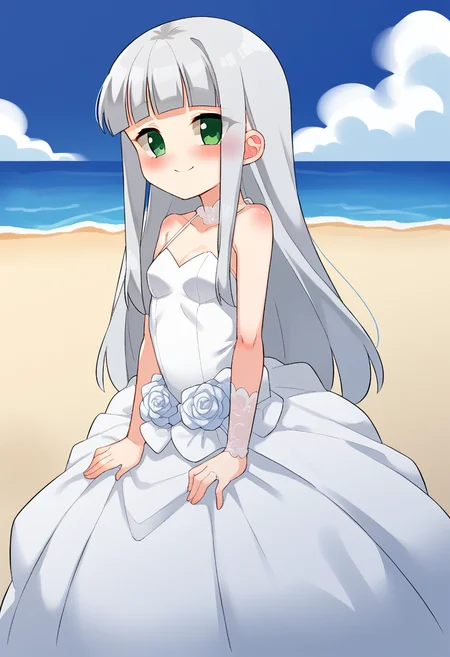 1girl, solo, pedocchi,
long hair, silver hair, green eyes, small breasts, wedding dress, smile, blush, blunt bangs,
beach, blue sky,
score_9, score_7_up,
<lora:pedocchi-pony:1>