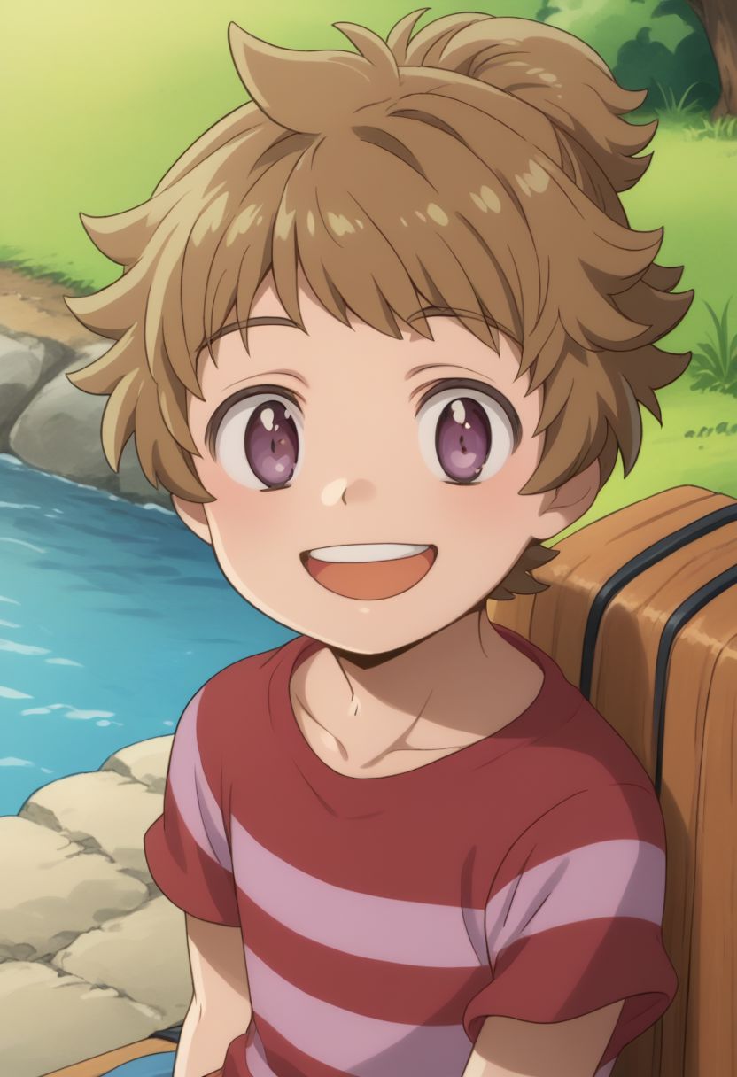 score_9, score_8_up, source_anime, highly detailed, 1boy, solo, skinny,
cute,
haruka, 1boy, male focus, solo, striped shirt, shirt, open mouth, brown hair, striped, smile, teeth, purple eyes, sit, 
outdoor,