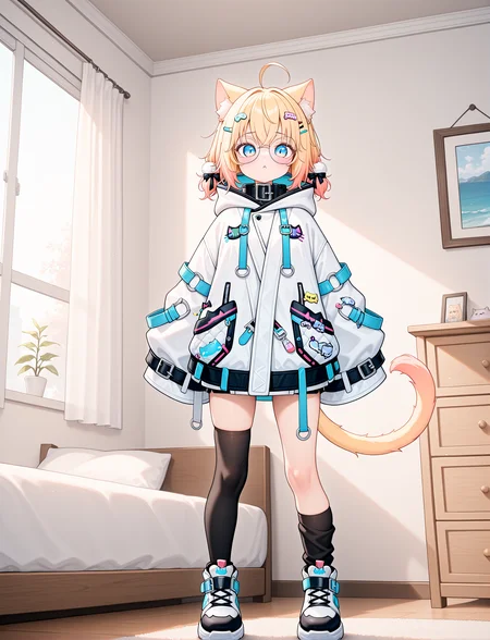 dynamic pose,  full body, 1girl, action pose,
petite, bedroom,
 <lora:MiniKomewV2:1> minikomew, blonde hair, catgirl, cat ears, round glasses, medium hair, cat tail, hairclip, blue eyes, collar, white jacket, oversize jacket, zipper sleeves past wrists, hood down, asymmetrical  legwear, black legwear, white footwear,, masterpiece, best quality, amazing quality, very aesthetic, absurdres, newest