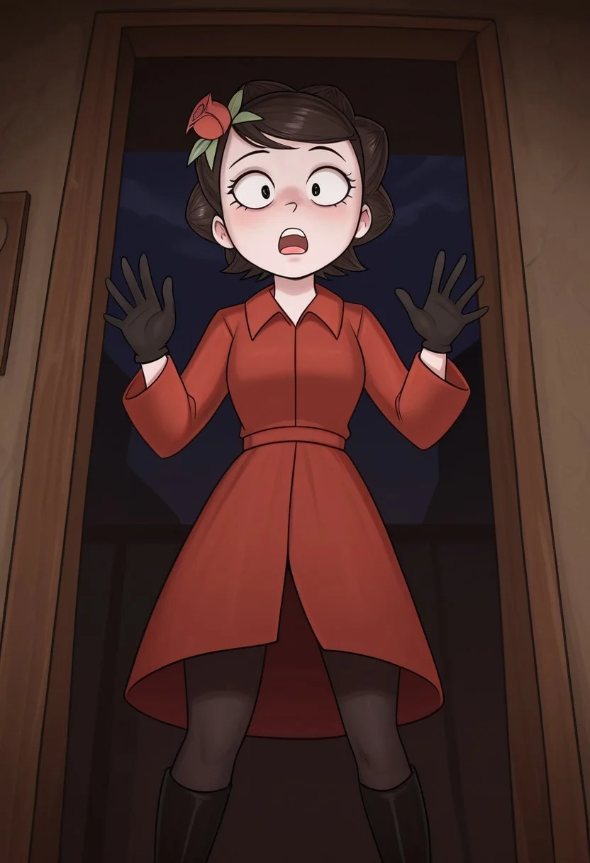masterpiece, best quality, amazing quality, very aesthetic, absurdres, DSTCharlie, 1girl, solo, female focus, black hair, short hair, black eyes, white skin, small breasts, hair flower, red coat, black gloves, black panthose, black knee boots, hands up, surprised, scared, open mouth, from below, dark, looking at viewer, perspective, doorway, night,